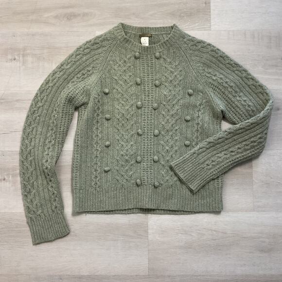 J Crew Womens Lambswool Pom Pom Cable Knit Crewneck Sweater Green Medium - Picture 1 of 9